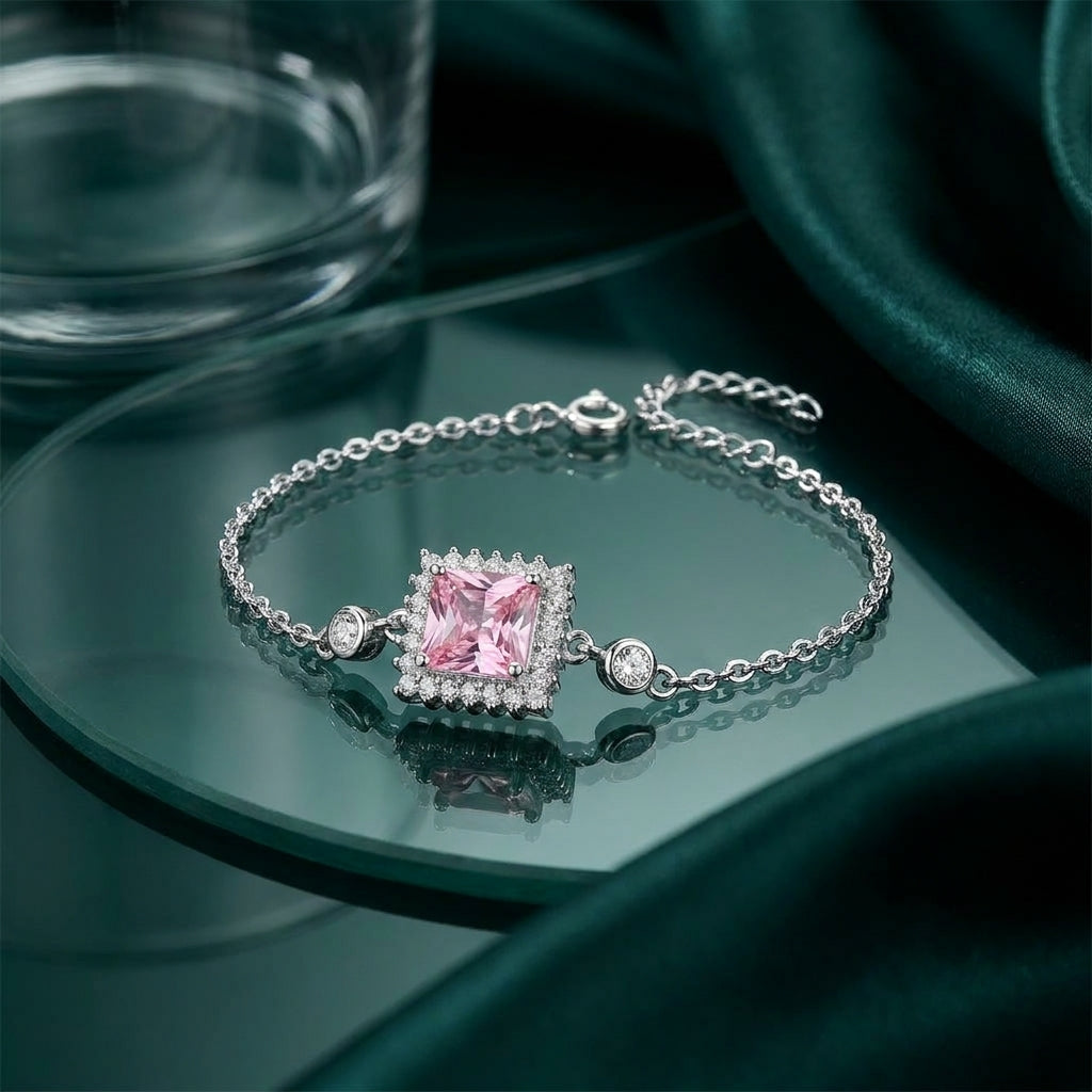 925 Silver Square Bracelet With A Pink Stone Surrounded By Sparkling Stones.