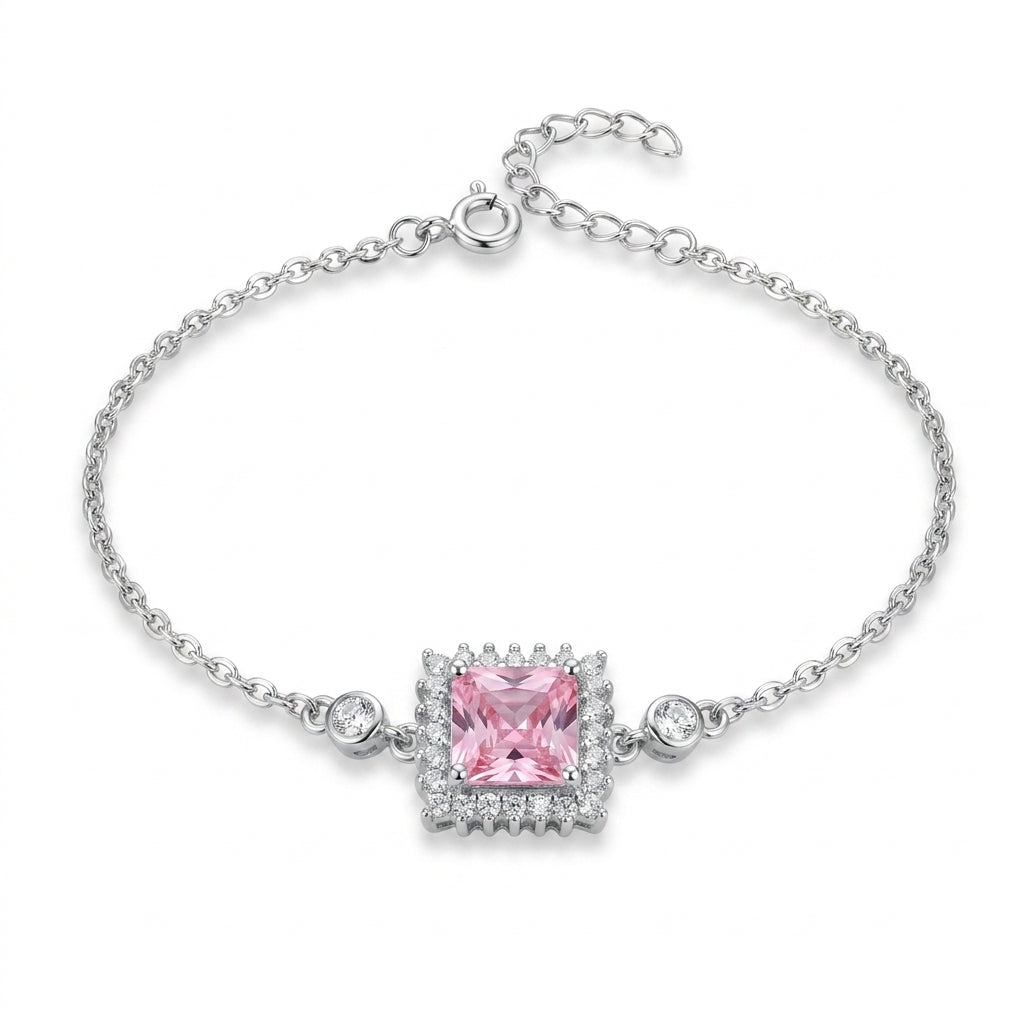 925 Silver Square Bracelet With A Pink Stone Surrounded By Sparkling Stones.