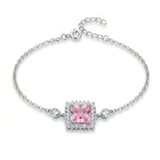 925 Silver Square Bracelet With A Pink Stone Surrounded By Sparkling Stones.