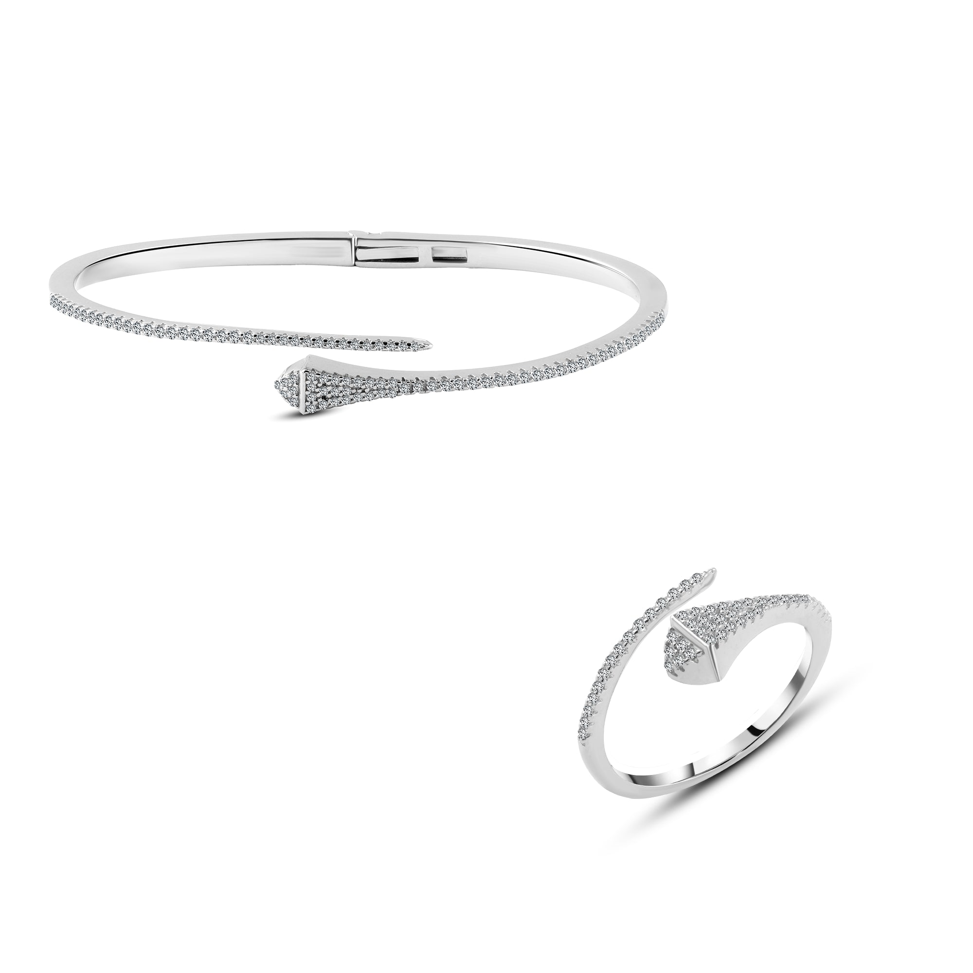 Classic Zircon 925 Silver Bangle and Ring Set 