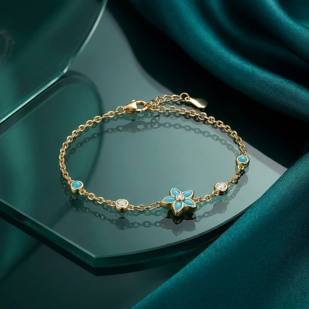 925 Silver Turquoise Flower Bracelet - Gold Plated