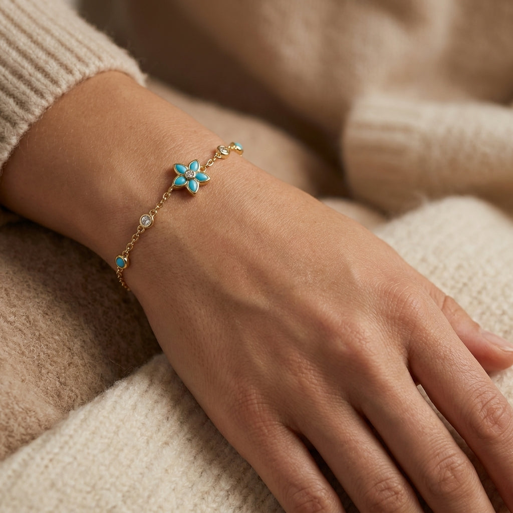 925 Silver Turquoise Flower Bracelet - Gold Plated