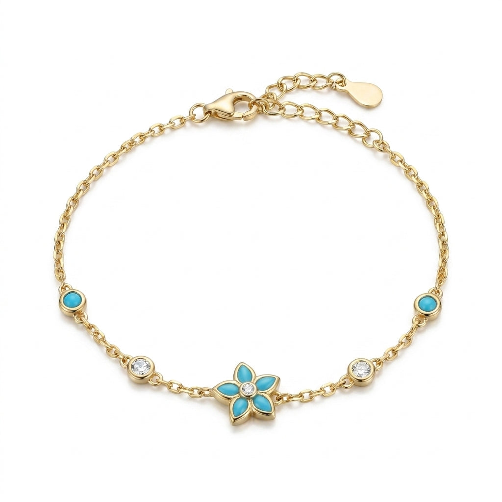 925 Silver Turquoise Flower Bracelet - Gold Plated