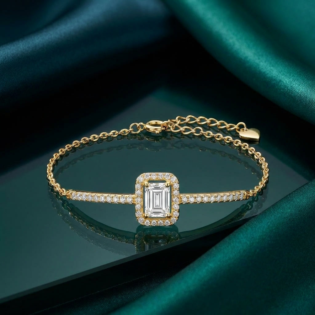 Luxury Rectangular Stone Bracelet Adorned with Zircon Stones – 925 Silver Gold Plated