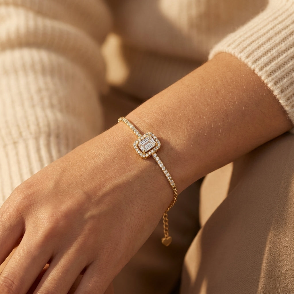 Luxury Rectangular Stone Bracelet Adorned with Zircon Stones – 925 Silver Gold Plated