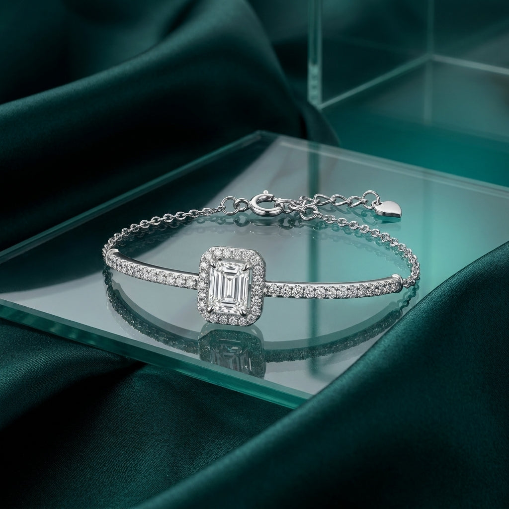 Luxury Rectangular Stone Bracelet Adorned with Zircon Stones – 925 Silver