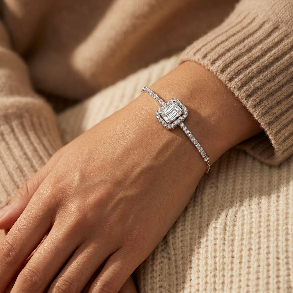 Luxury Rectangular Stone Bracelet Adorned with Zircon Stones – 925 Silver