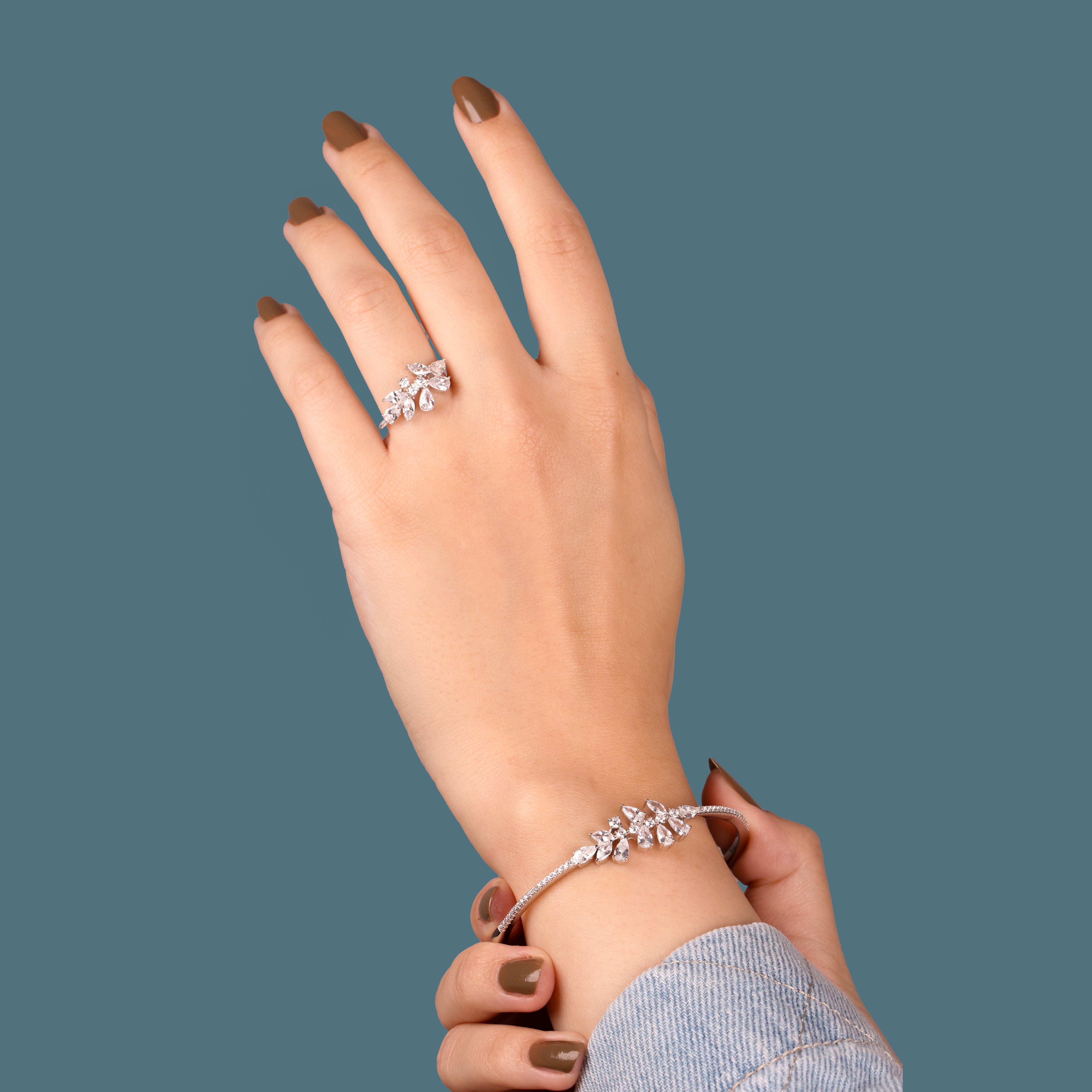 طقم فضة 925 إسورة وخاتم بتصميم أوراق