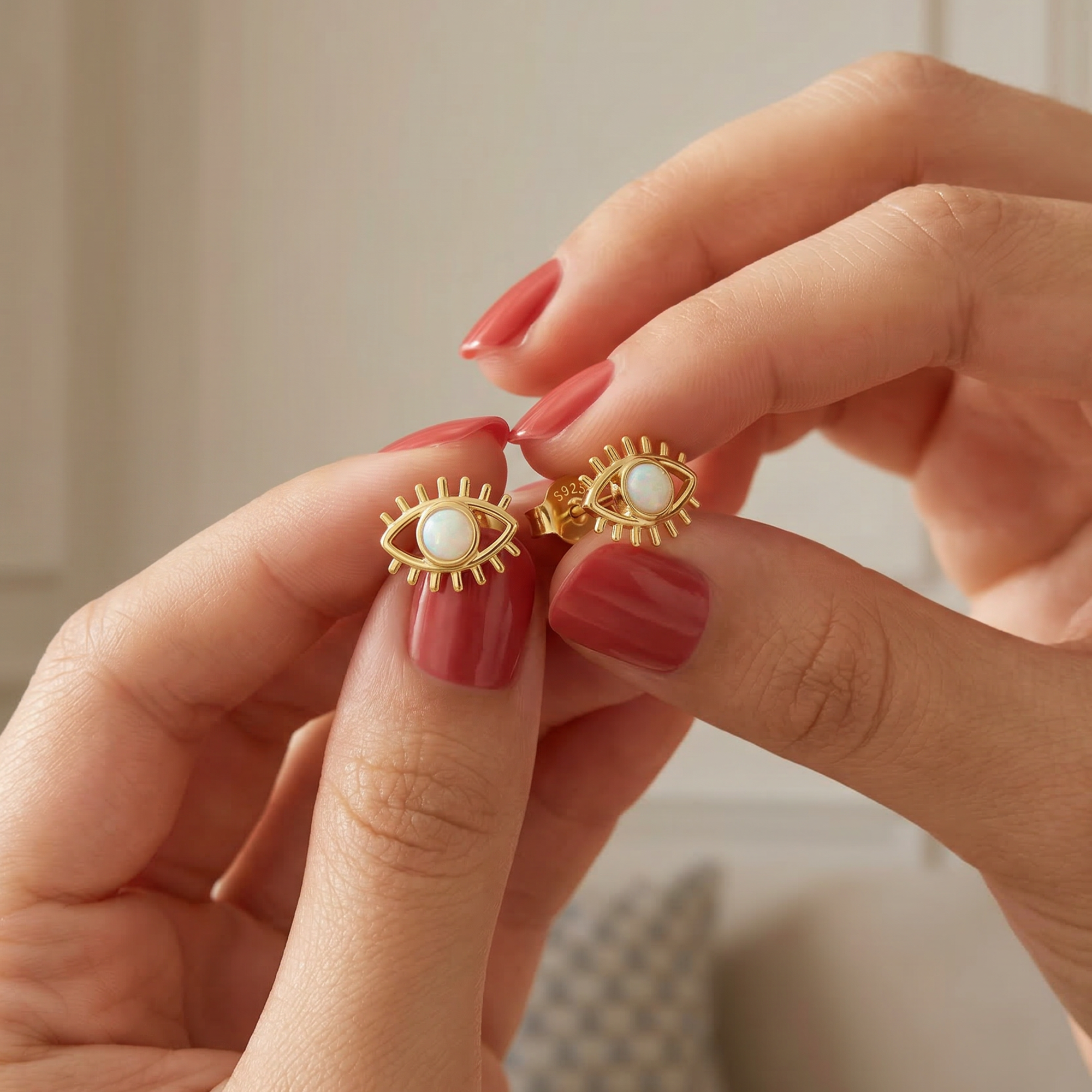 925 Silver Gold-Plated Earrings with an Eye Design and Opal Stone