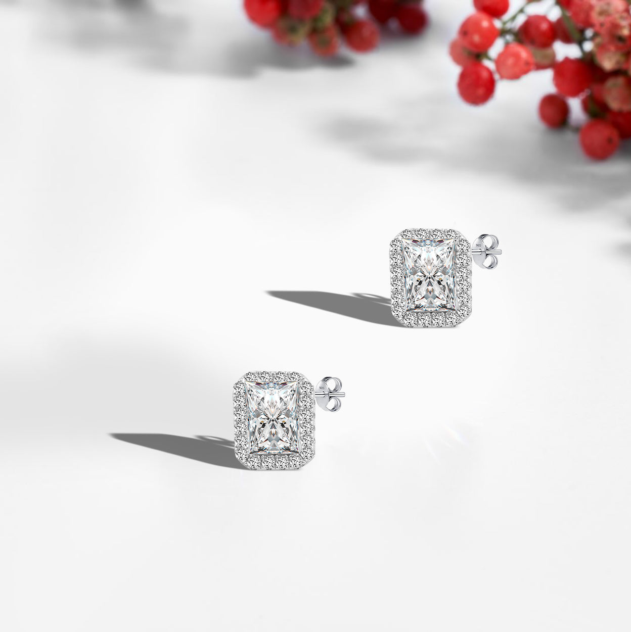 "925 Silver Earrings with Sparkling Rectangular Stones"