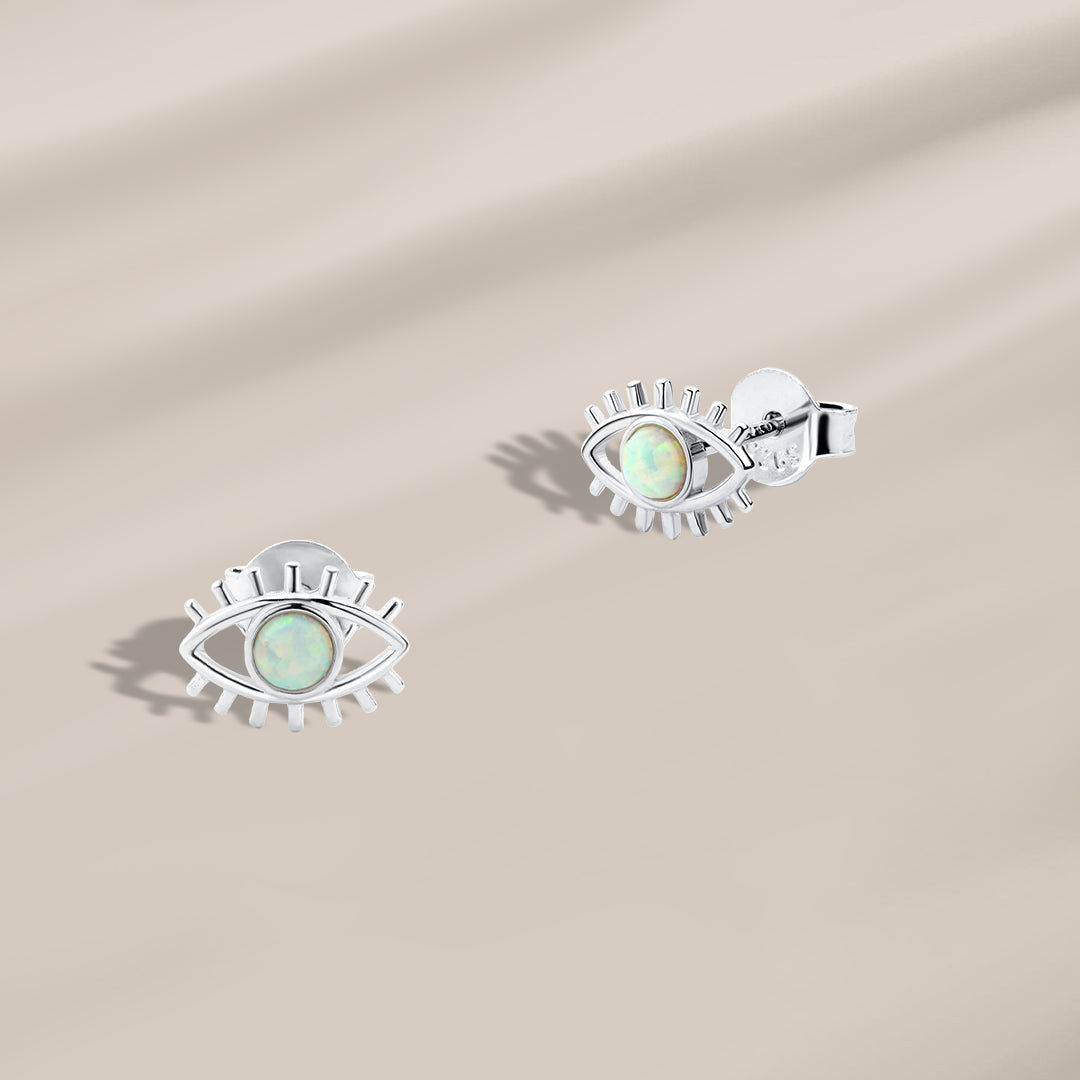 925 Silver Screw Back Earrings with an Eye Design and Opal Stone