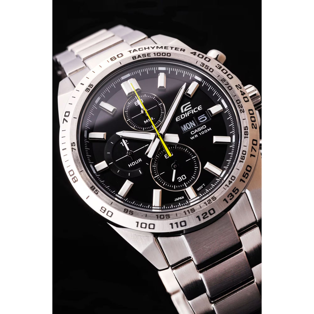 ساعة كاسيو إيديفيس للرجال بسوار فضي ومينا أسود – EFR-574D-1AVUDF
