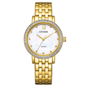 ساعة سيتيزن كوارتز للنساء بسوار من الستانلس ستيل بلون ذهبي وميناء صدفي EL3102-50D