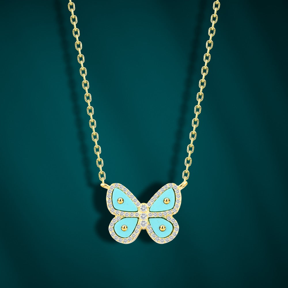 Elegant Gold-Touched Necklace with a Turquoise Butterfly – Italian 925 Sterling Silver