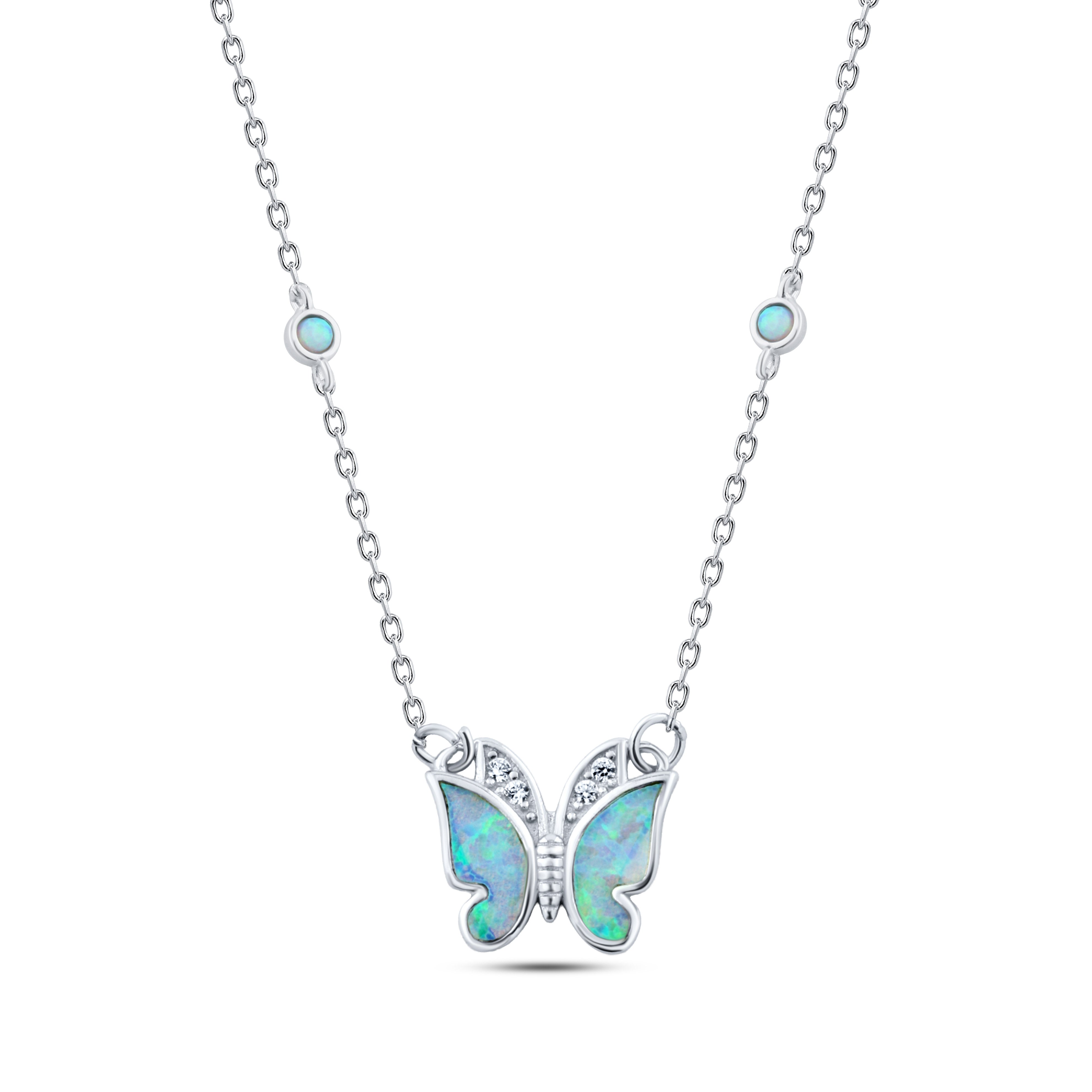 عقد فراشة فضة عيار 925 بحجر أوبال لامع