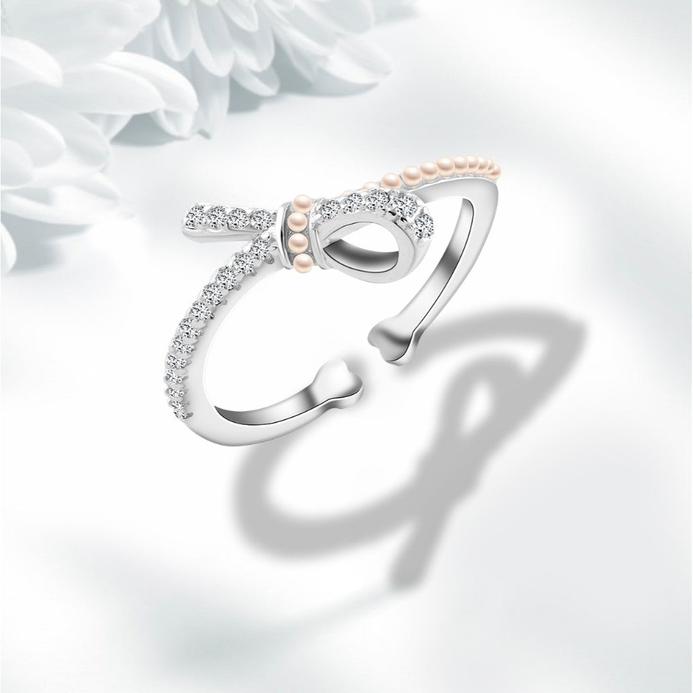 Feminine Bow Ring – 925 Sterling Silver with Zircon and Pink Bead Accents