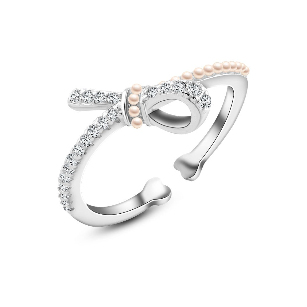 Feminine Bow Ring – 925 Sterling Silver with Zircon and Pink Bead Accents