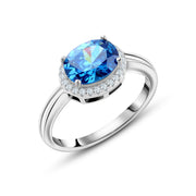 Ocean Eyes Ring – 925 Sterling Silver with Oval Blue Stone and Zircon Halo