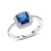 Blue Square Ring – 925 Sterling Silver with Radiant Blue Zircon Stone Surrounded by Sparkling Accents