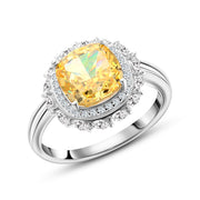 Elegance Sun Ring – 925 Sterling Silver with Shiny Yellow Zircon Stone and Double Halo Setting