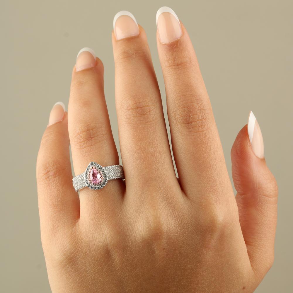  925 Silver Ring with a Pink Stone Surrounded by Sparkling Accents