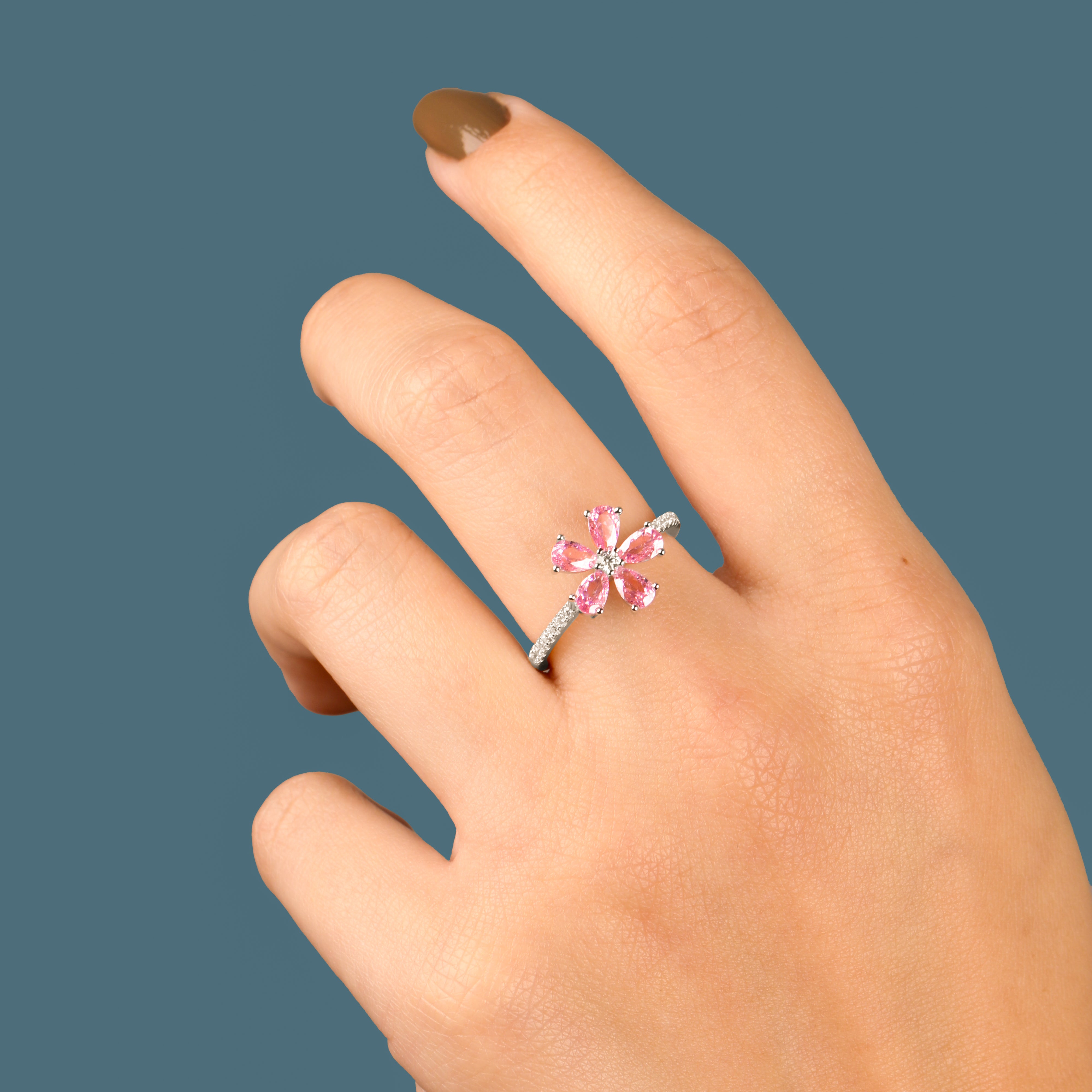 خاتم فضة 925 بتصميم زهرة وردية