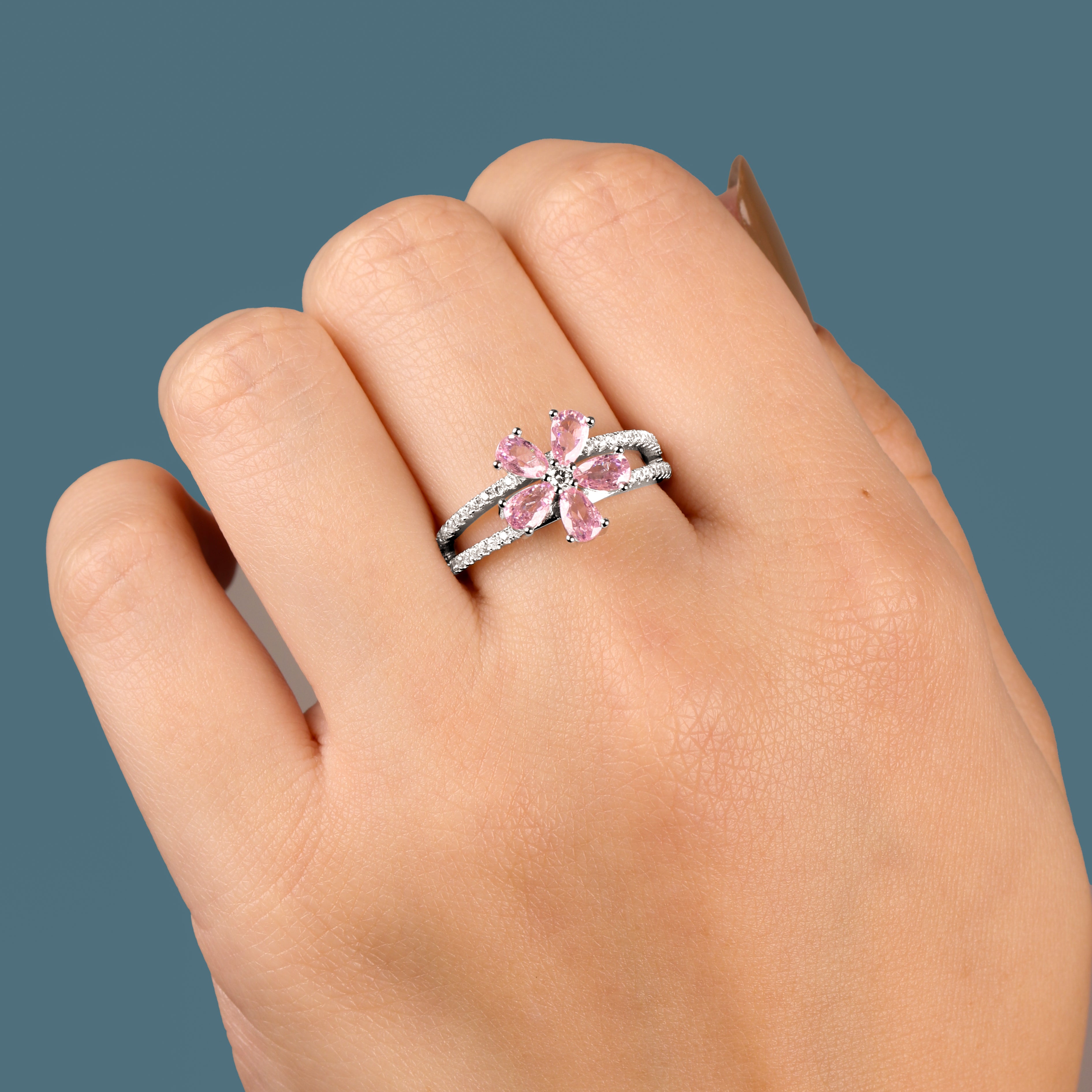 خاتم فضة 925 حجر وردي على شكل زهرة