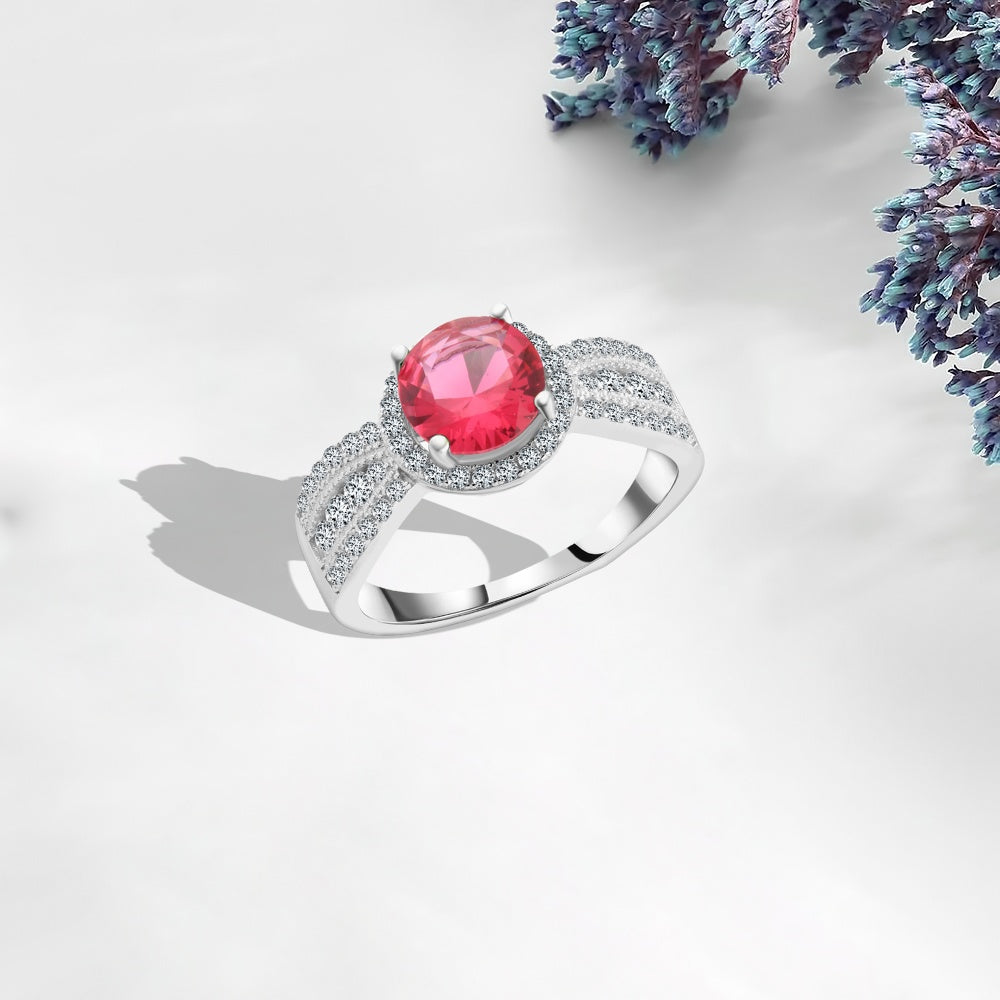 خاتم فضة عيار 925 بحجر وردي لامع