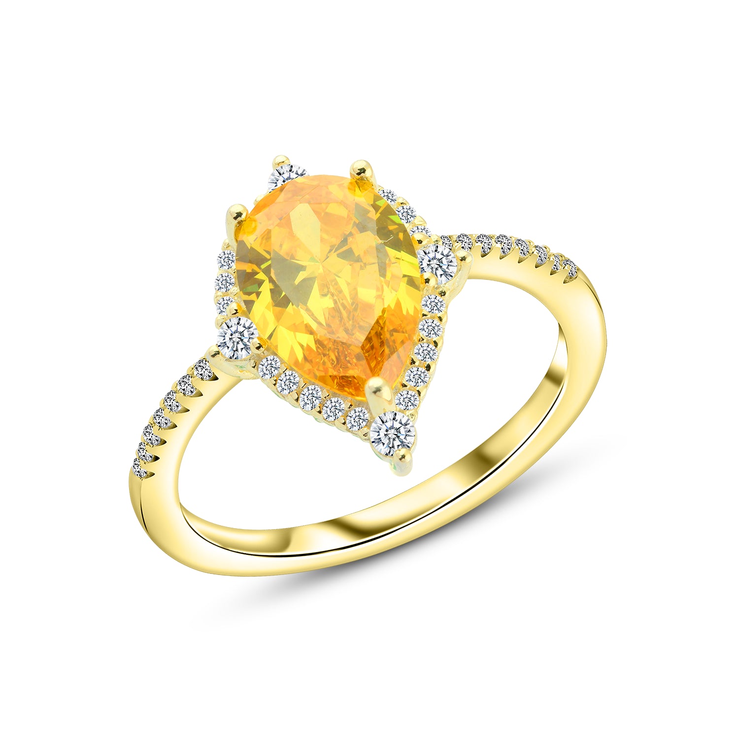 خاتم فضة 925 مطلي ذهب بحجر كمثري أصفر مع فصوص زركون لامعة