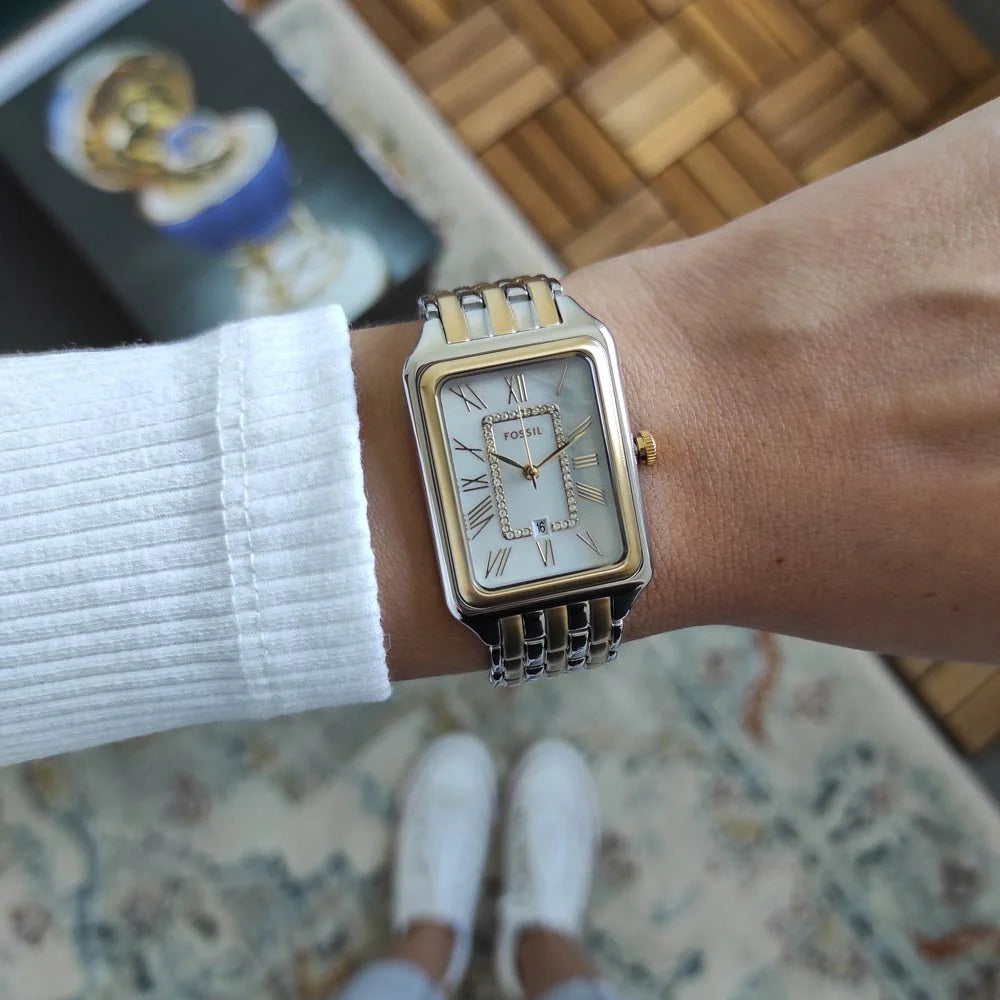 Fossil Women's Rectangular Watch – White Mother-of-Pearl Dial with Two-Tone Stainless Steel Bracelet