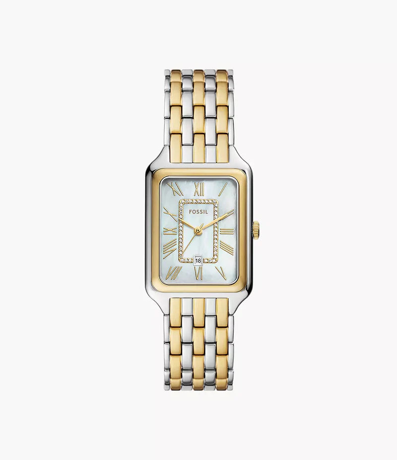 Fossil Women's Rectangular Watch – White Mother-of-Pearl Dial with Two-Tone Stainless Steel Bracelet