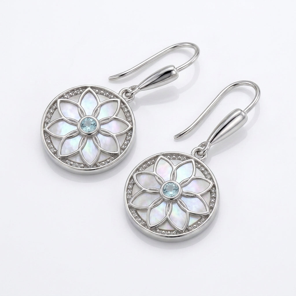 Flower Earrings with Mother of Pearl and Sky Blue Aquamarine Stone 925 Silver