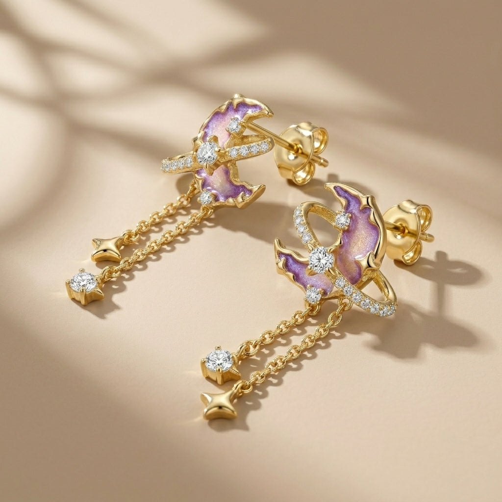 Crescent Moon Earrings with Dangling Stars
