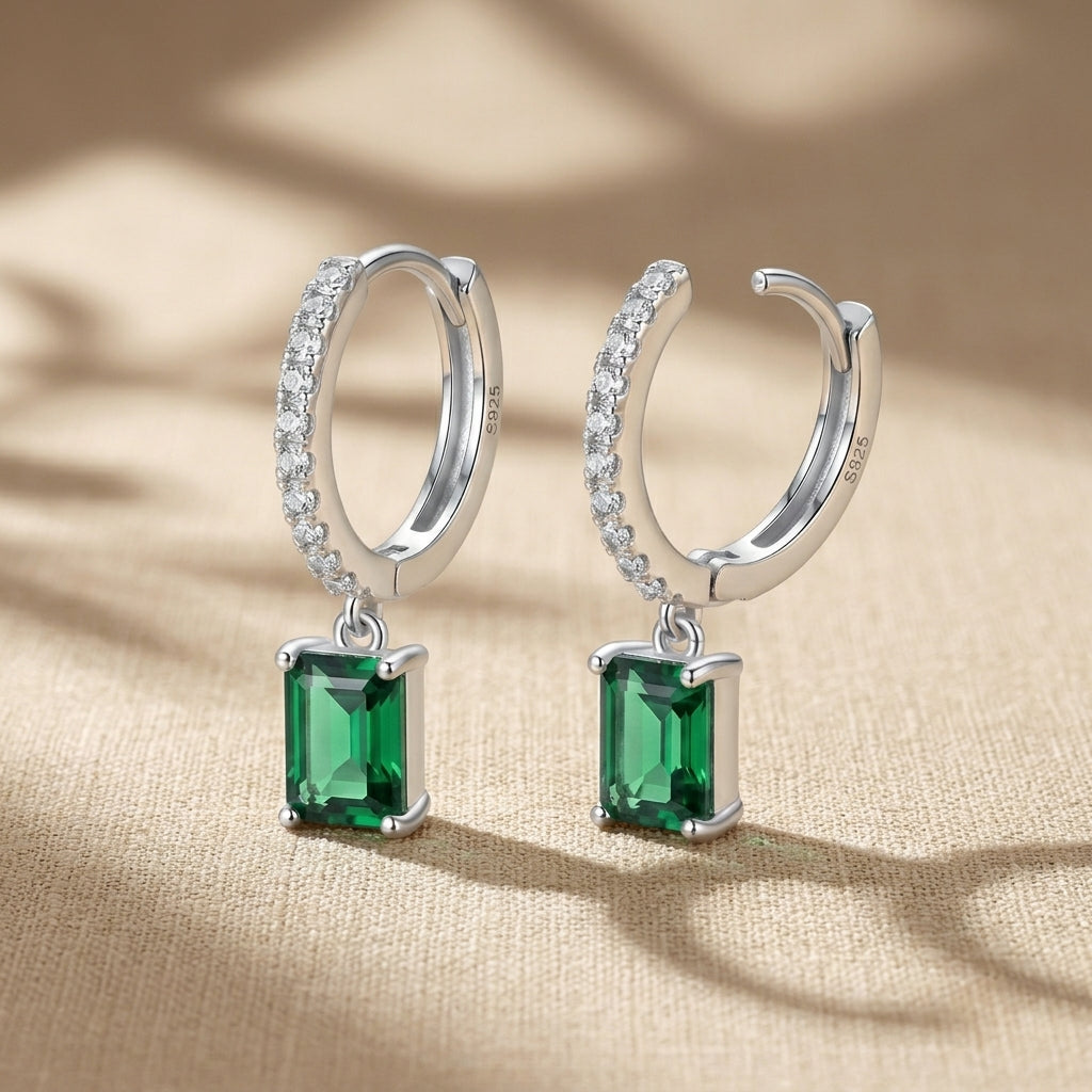 925 Silver Earrings with Green Emerald Stone