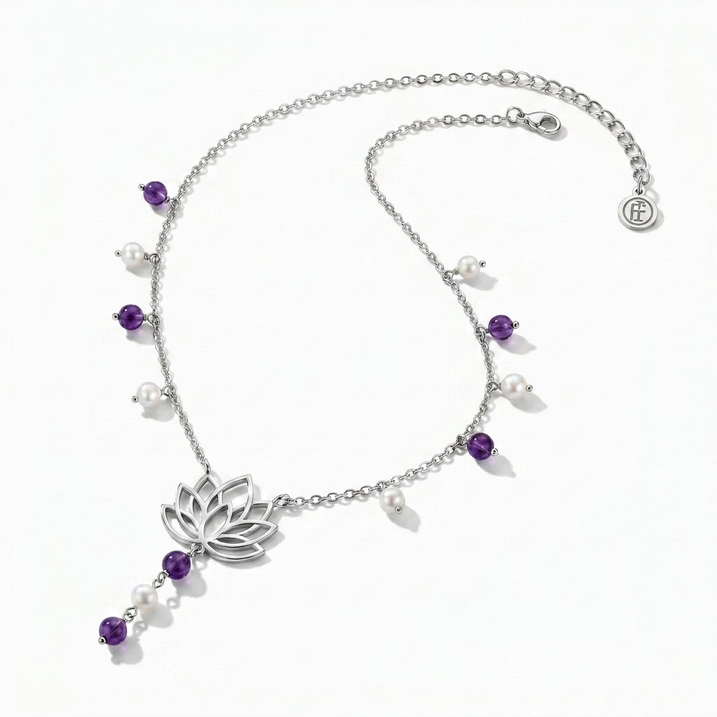 Lotus Flower Necklace with Purple Beads & Pearls in 925 Silver