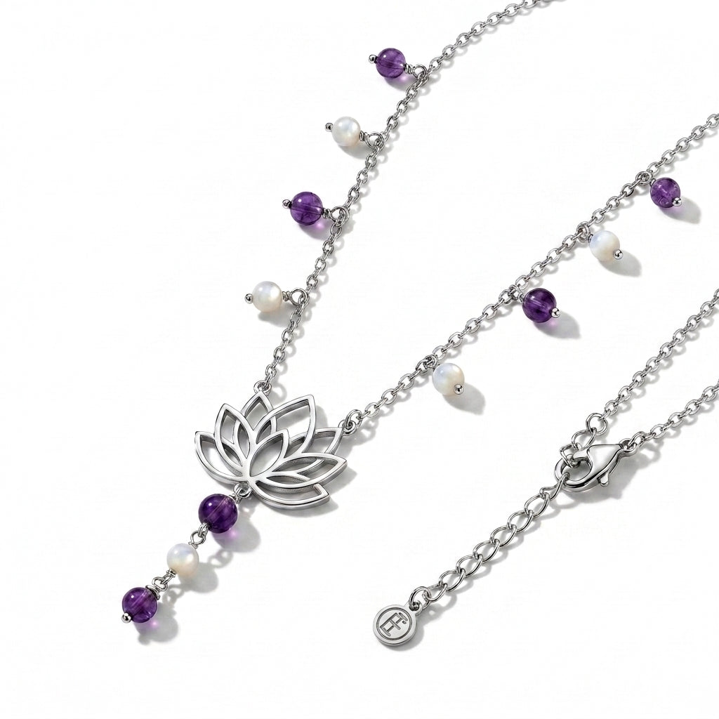 Lotus Flower Necklace with Purple Beads & Pearls in 925 Silver