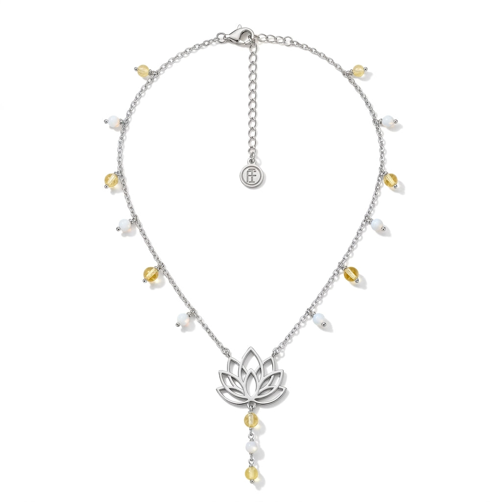Lotus Flower Necklace with Yellow Beads & Pearls in 925 Silver