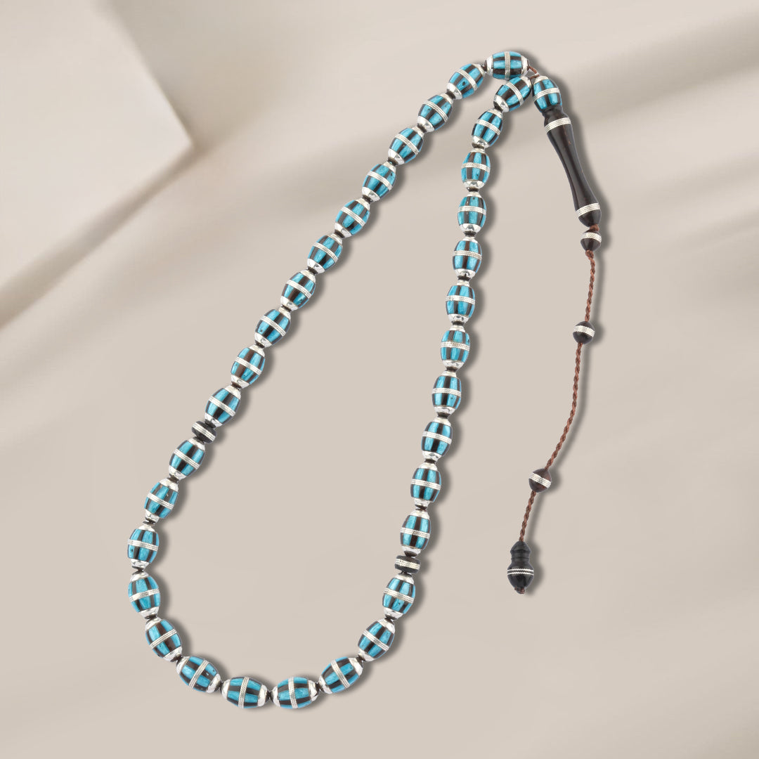 Coconut Wood Rosary with Turquoise Faturan & 999 Silver – 33 Beads, 8mm