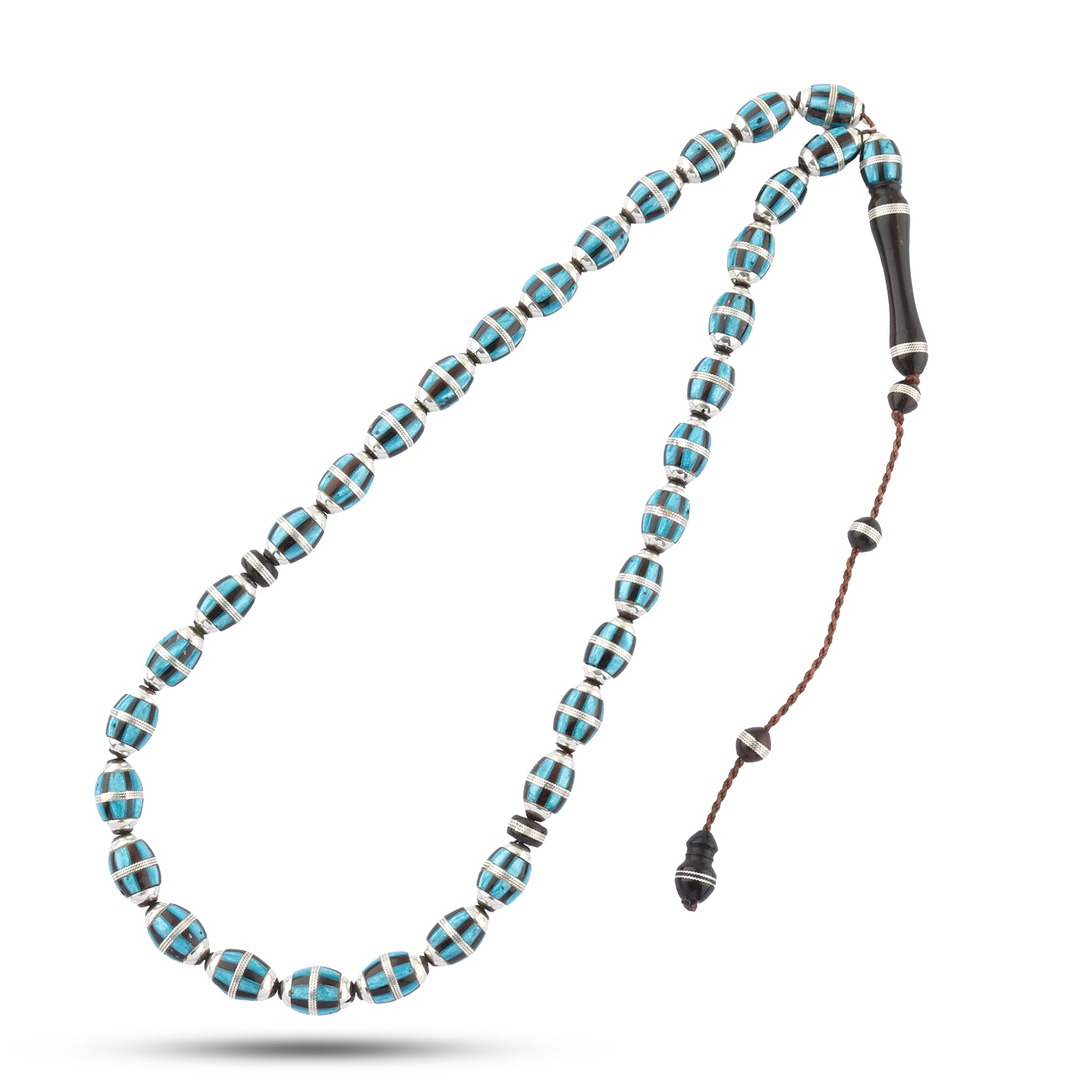 Coconut Wood Rosary with Turquoise Faturan & 999 Silver – 33 Beads, 8mm