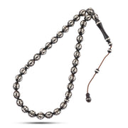 33-Bead Carved Coconut Wood Rosary – 9mm with White Patterns 999 Silver Spacers