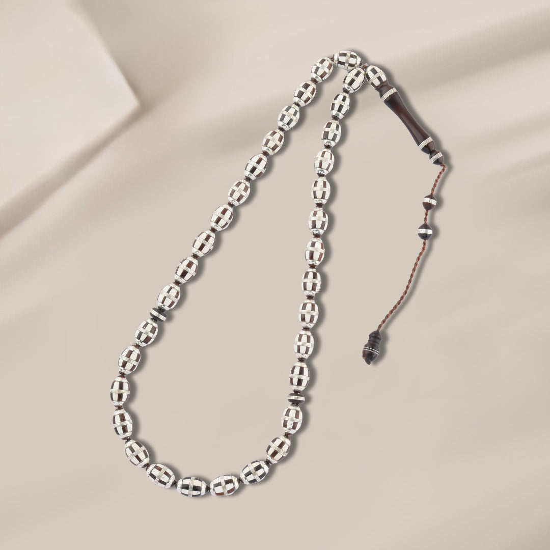 kook Wood Rosary – 33 Beads Inlaid with 999 Silver – Elegant Design
