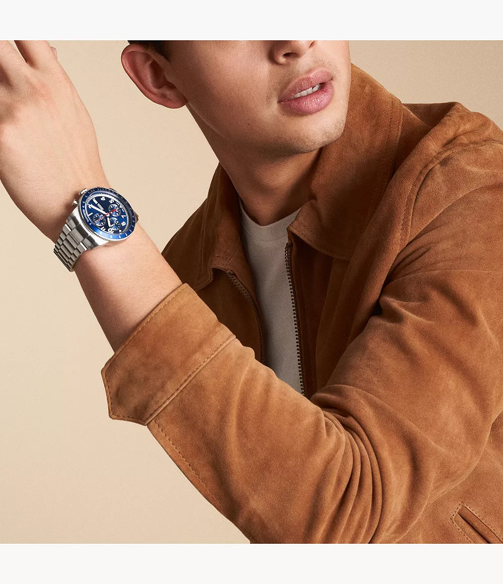 Fossil Sport Tourer Chronograph Blue Dial Silver Stainless Steel Men's Watch - FS6047