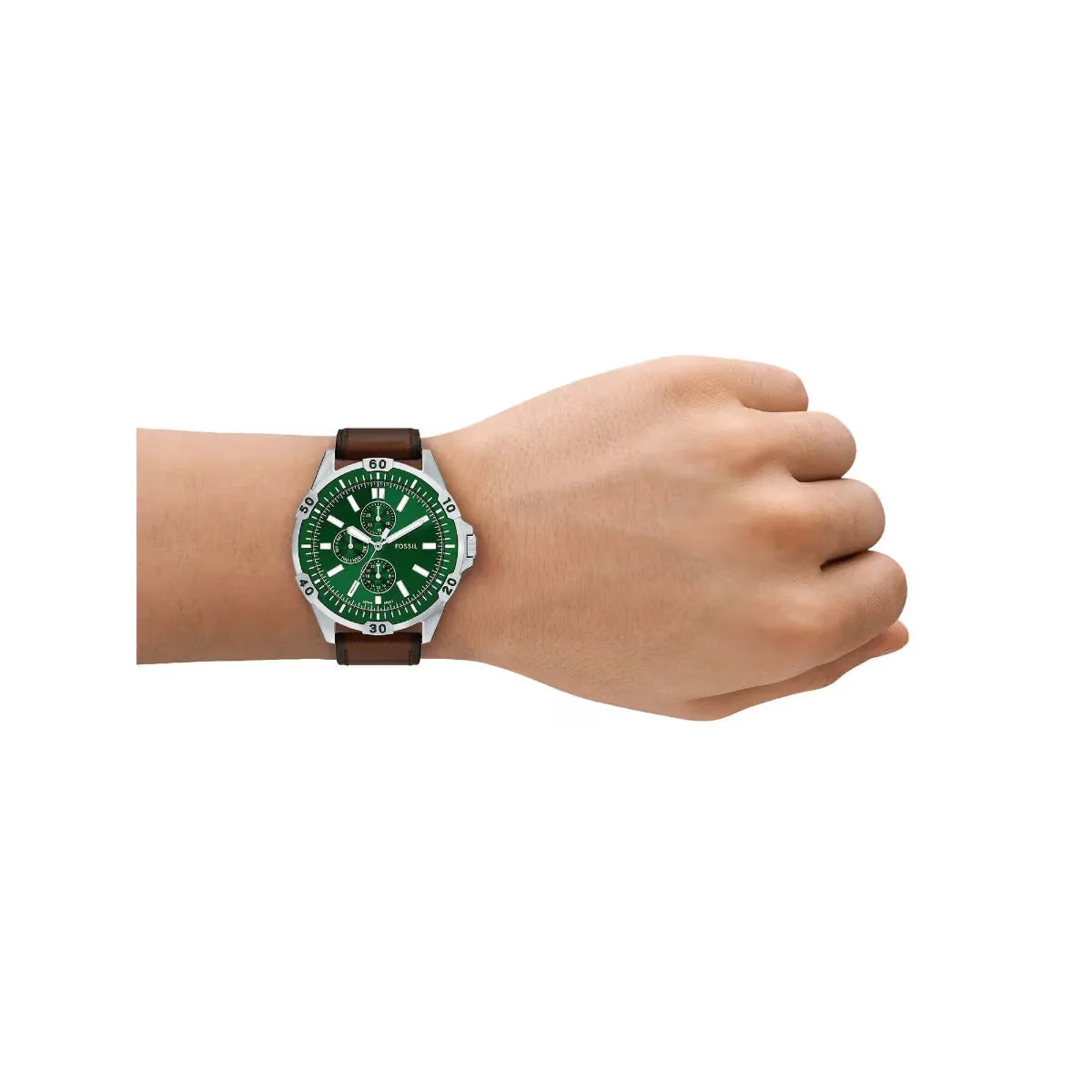 Fossil Men's Green Dial Watch with Brown Leather Strap