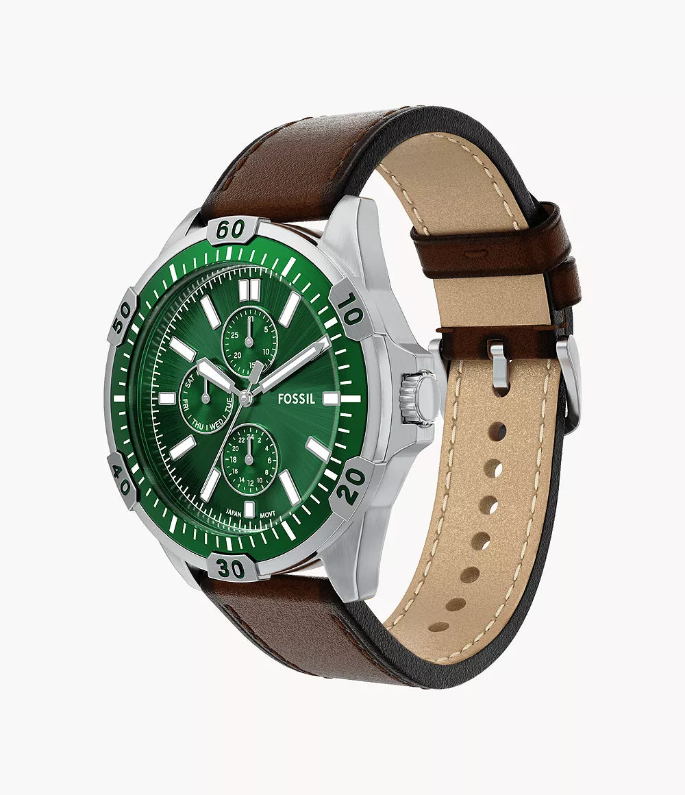 Fossil Men's Green Dial Watch with Brown Leather Strap