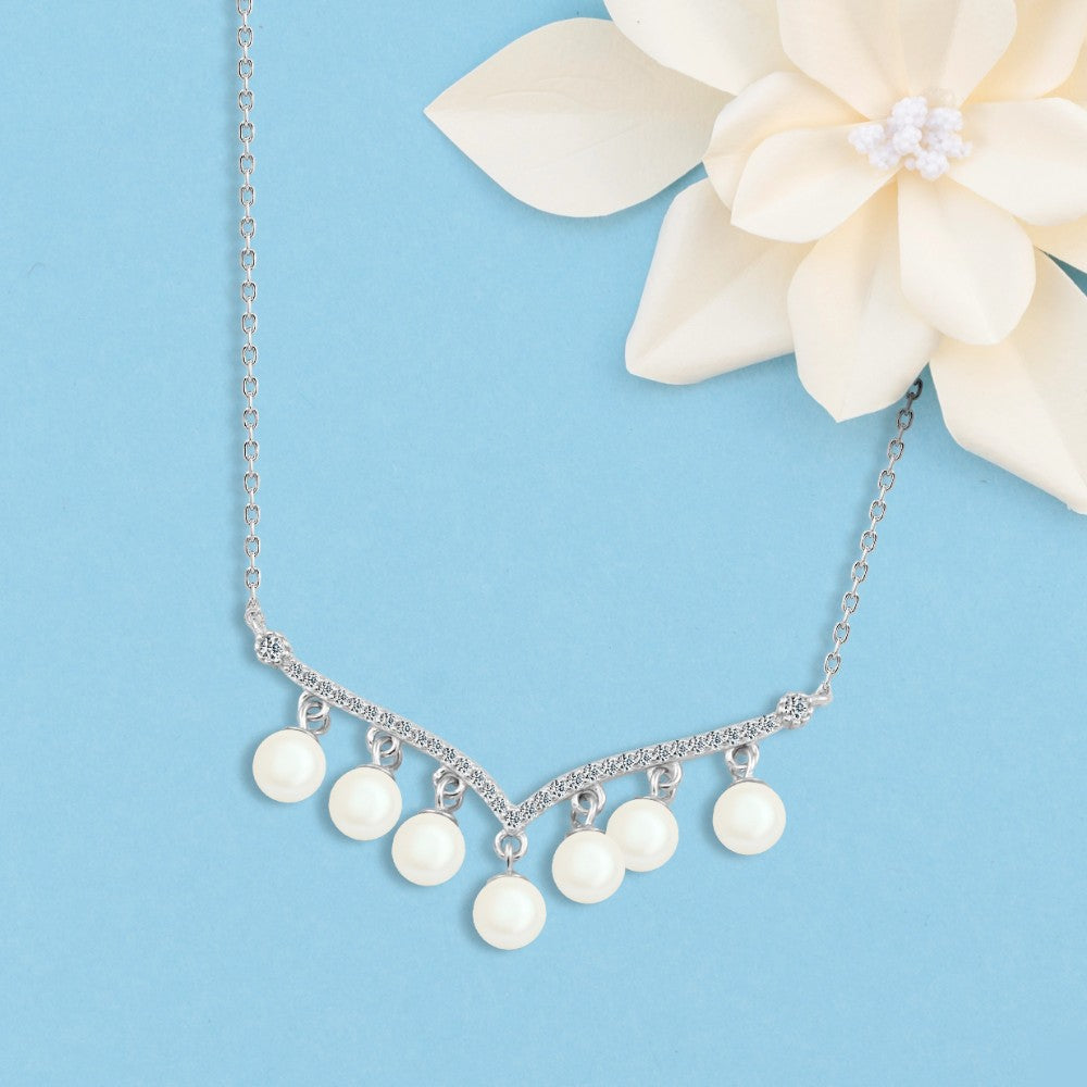 925 Sterling Silver Beaded Necklace with Zircon Embellishments