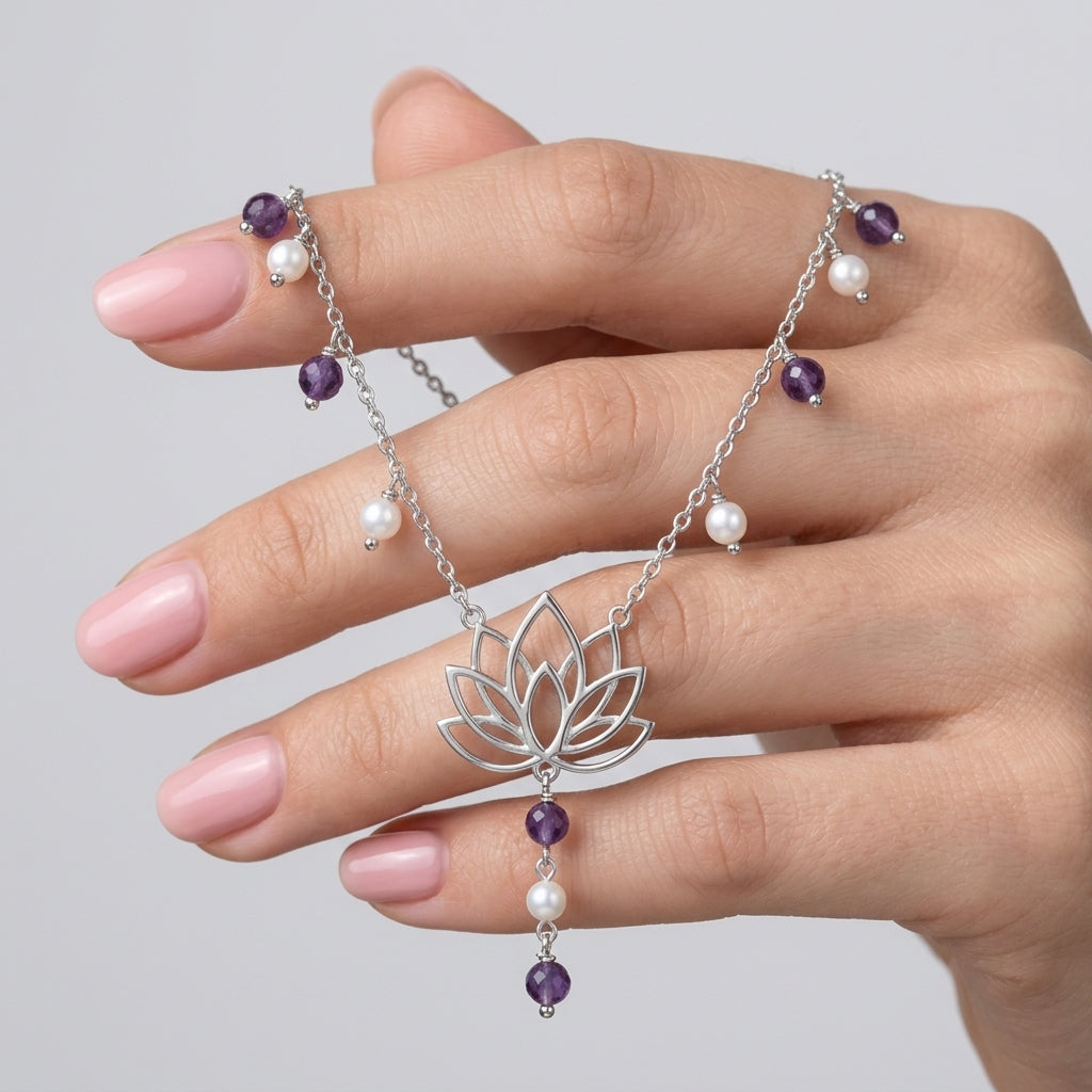 Lotus Flower Necklace with Purple Beads & Pearls in 925 Silver