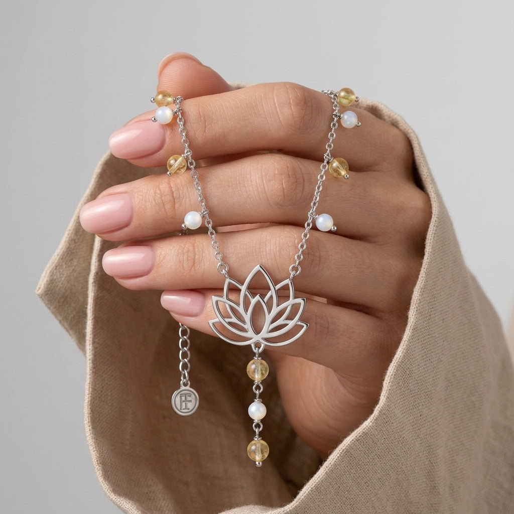 Lotus Flower Necklace with Yellow Beads & Pearls in 925 Silver