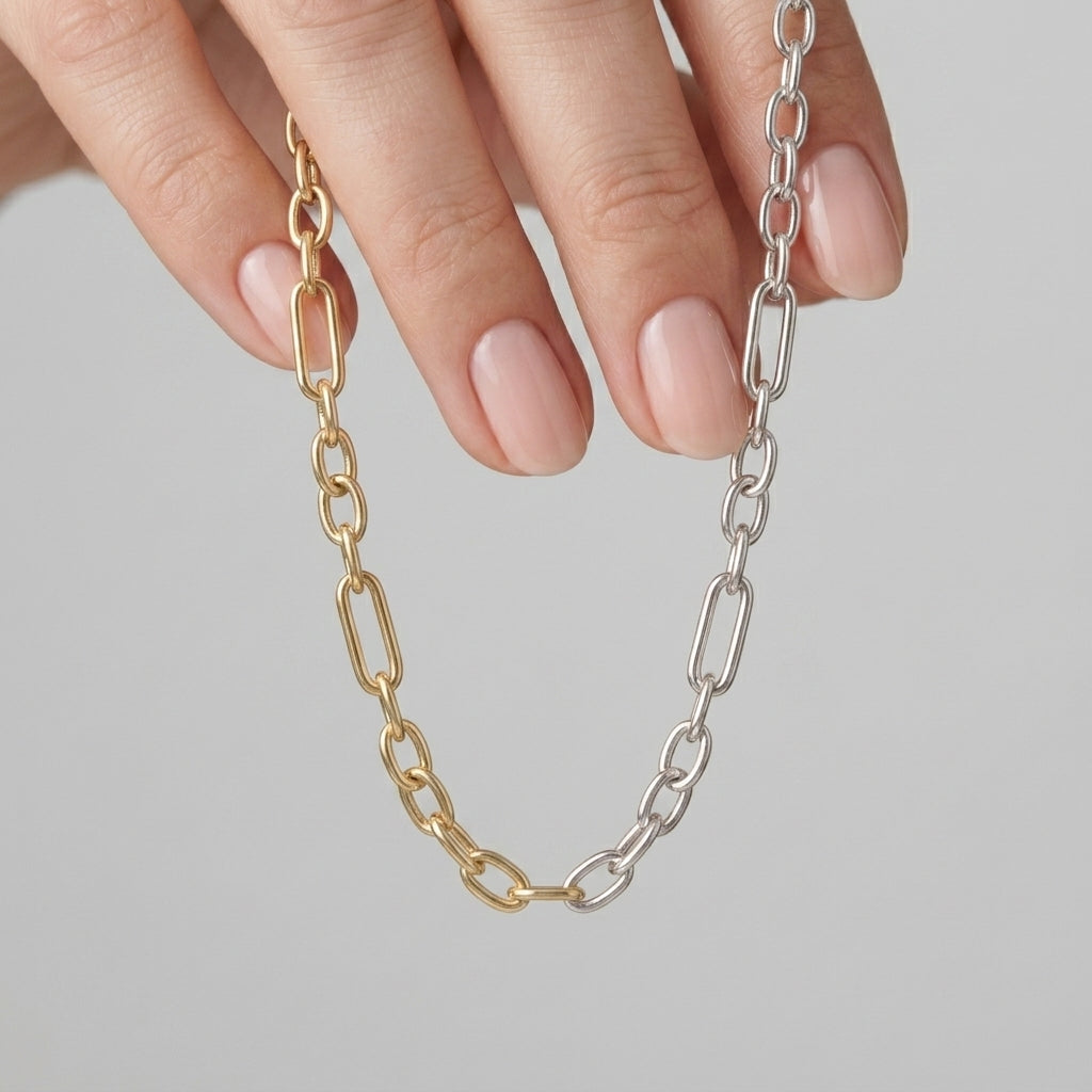 Long Two-Tone Paperclip Chain Necklace, 925 Silver