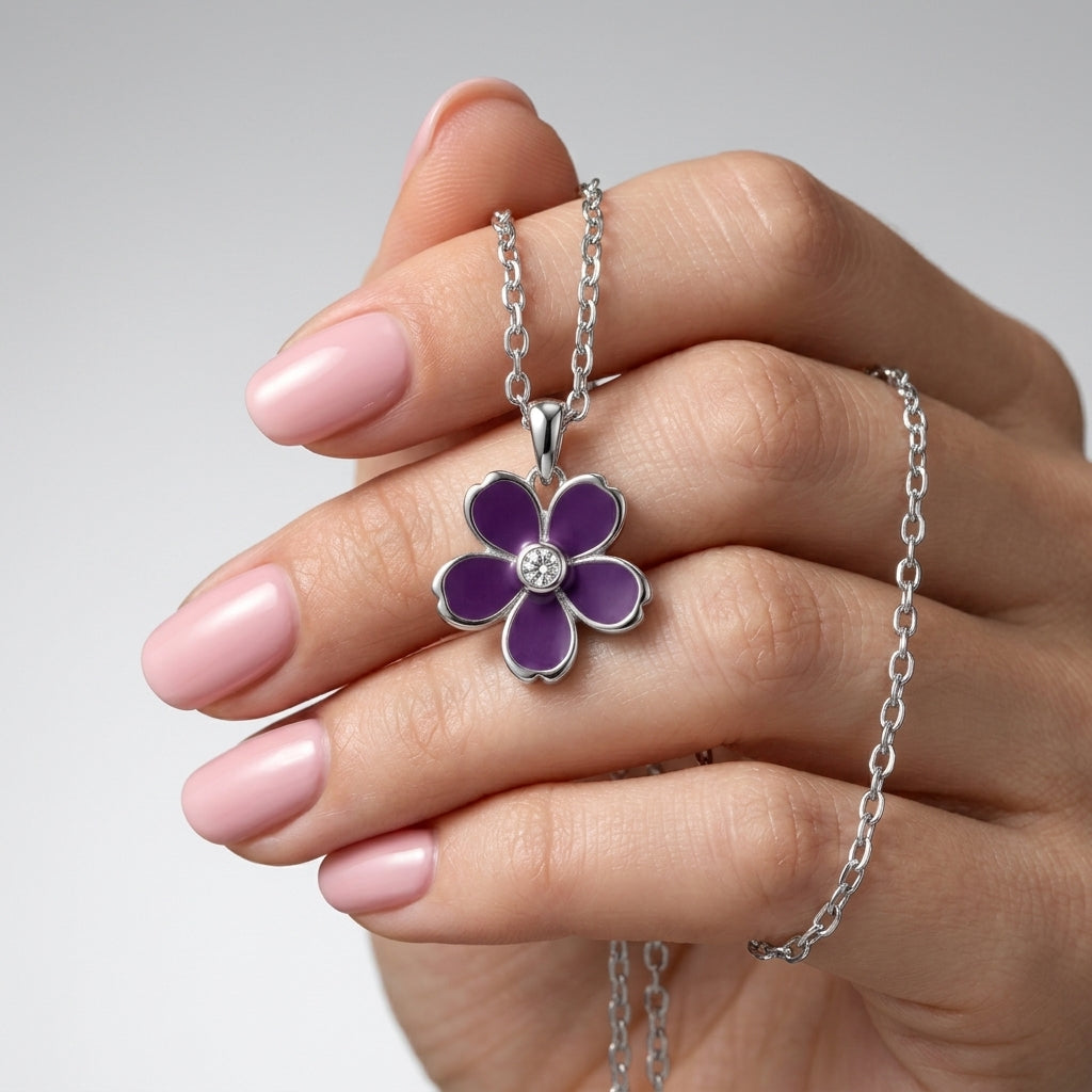 Purple Flower Pendant Necklace 925 Silver