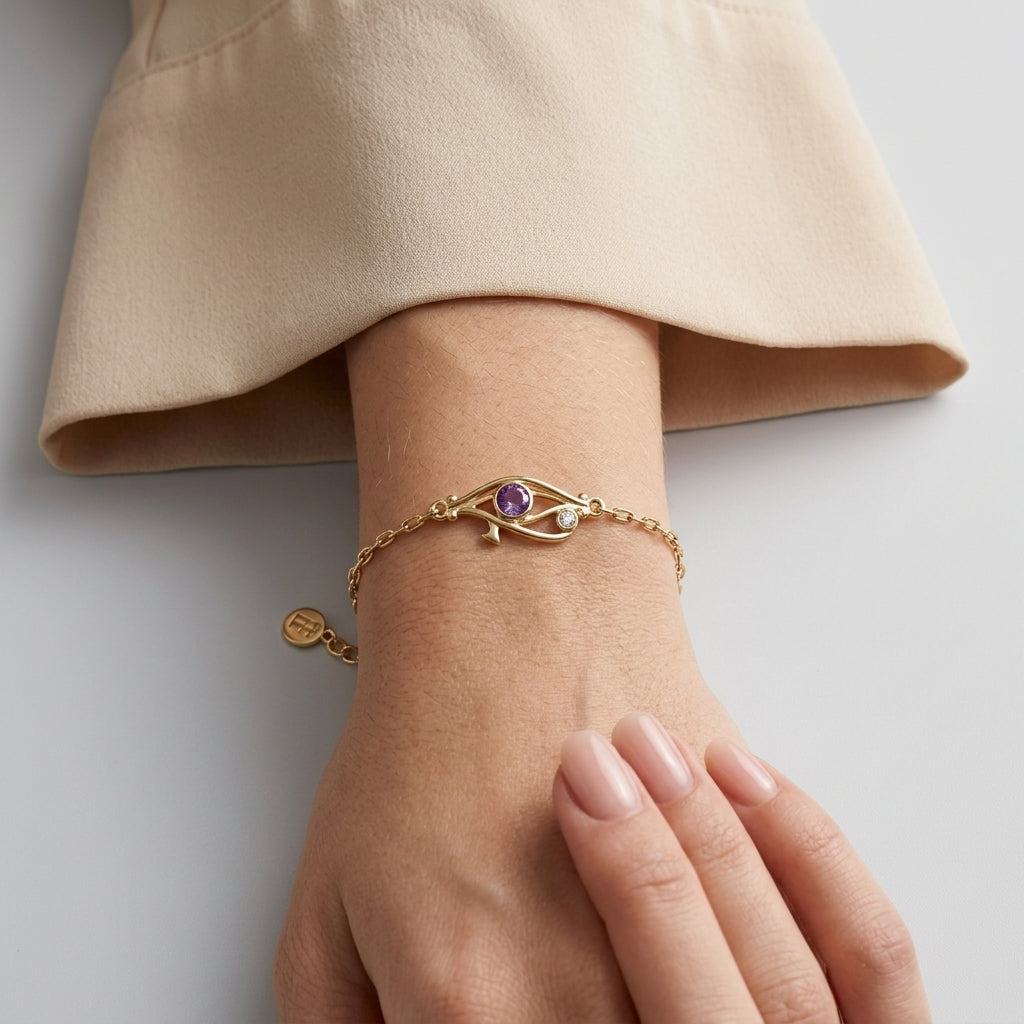 Pharaoh's Eye of Horus Gold Bracelet with Purple Stone 925 Silver